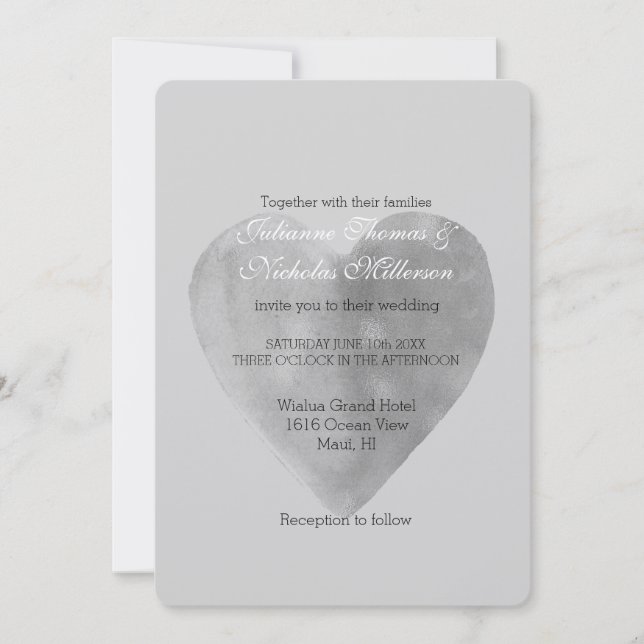 Silver Grey Heart Romantic Wedding Invitation (Front)