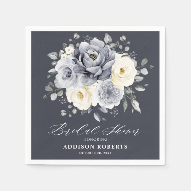 Silver Grey Ivory Floral boho Ivory Bridal Shower  Napkin (Front)