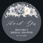 Silver Grey Ivory Floral Bridal Shower Thank you C Classic Round Sticker<br><div class="desc">Elegant floral winter wedding thank you sticker features elegant grey ,  ivory and silver watercolor flower bouquet frosty-hued greenery. Please contact me for any help in customisation or if you need any other product with this design.</div>