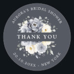 Silver Grey Ivory Floral  Bridal Shower Thank you  Classic Round Sticker<br><div class="desc">Elegant floral winter bridal shower thank you sticker features elegant grey ,  ivory and silver watercolor flower bouquet frosty-hued greenery. Please contact me for any help in customisation or if you need any other product with this design.</div>