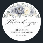 Silver Grey Ivory Floral Bridal Shower Thank you Classic Round Sticker<br><div class="desc">Elegant floral winter wedding thank you sticker features elegant grey ,  ivory and silver watercolor flower bouquet frosty-hued greenery. Please contact me for any help in customisation or if you need any other product with this design.</div>