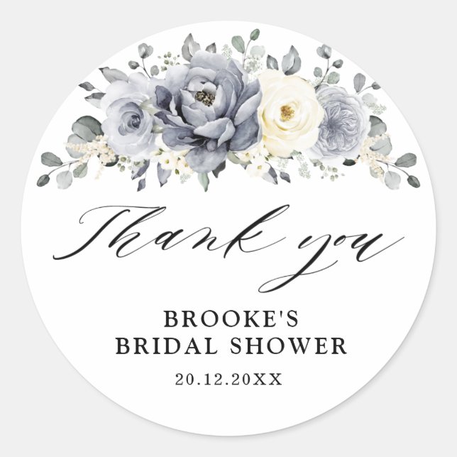 Silver Grey Ivory Floral Bridal Shower Thank you Classic Round Sticker (Front)