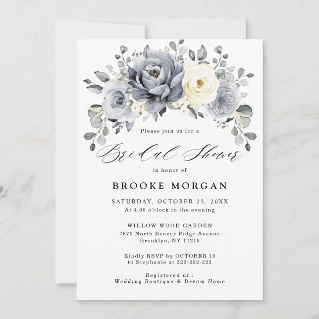 Silver Grey Ivory Floral Winter Boho Bridal Shower Invitation (Front)