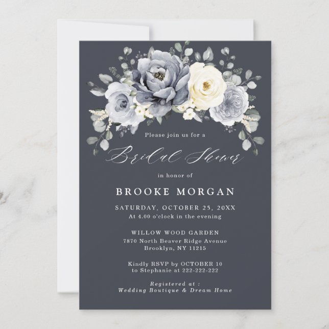 Silver Grey Ivory Floral Winter Boho Bridal Shower Invitation (Front)