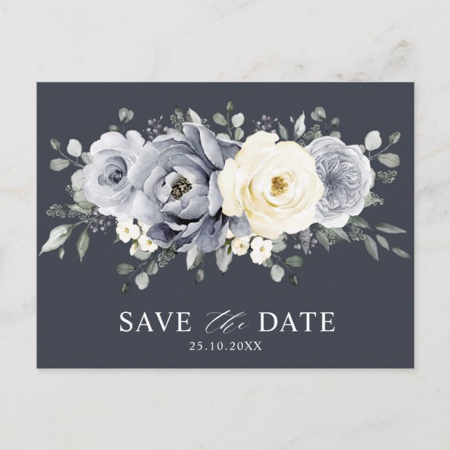 Silver Grey Ivory Floral Winter Boho Save the Date Postcard (Front)