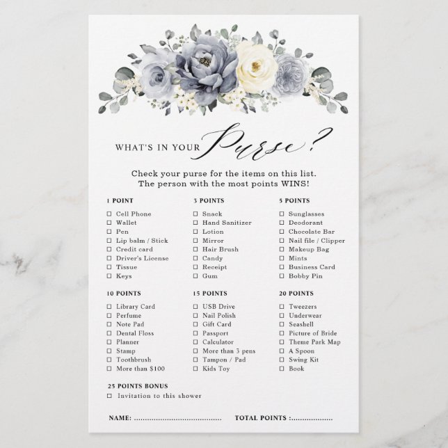 Silver Grey Ivory Floral Winter Bridal Shower Game (Front)