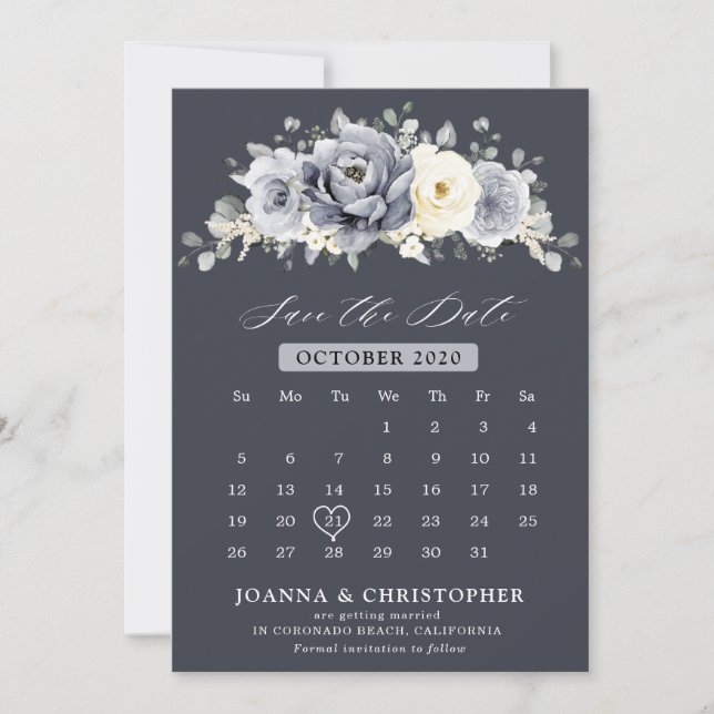 Silver Grey Ivory Floral Winter Rustic Calendar  S Save The Date (Front)