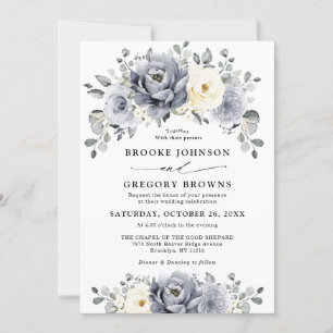 Silver Grey Ivory Floral Winter Rustic Wedding Invitation