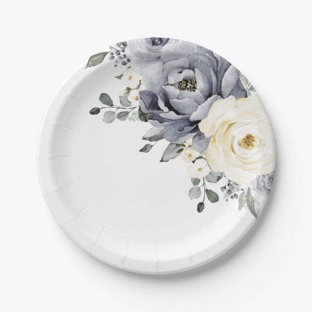 Silver Grey Ivory Floral Winter Rustic Wedding Paper Plate (Front)