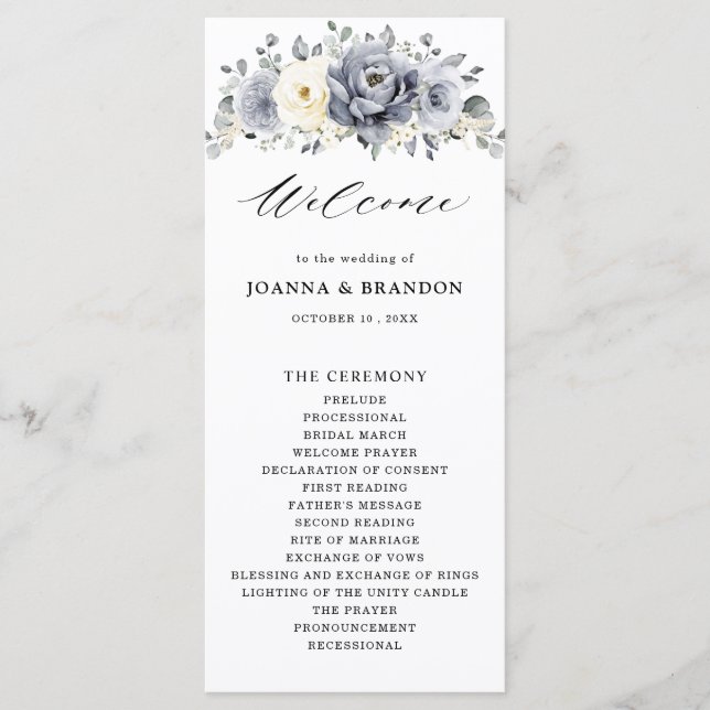 Silver Grey Ivory Floral Winter Rustic Wedding Programme (Front)