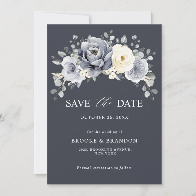 Silver Grey Ivory Floral Winter Rustic Wedding Sav Save The Date (Front)
