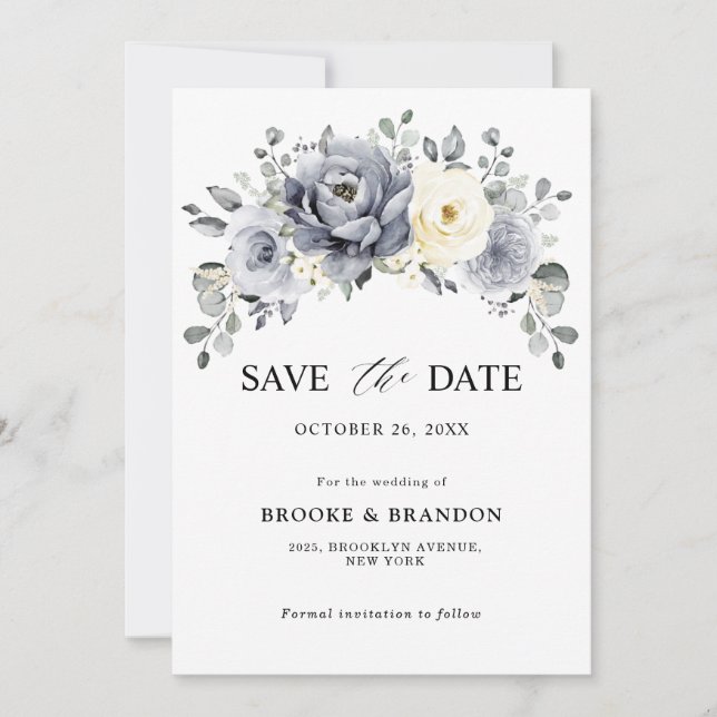 Silver Grey Ivory Floral Winter Rustic Wedding Save The Date (Front)