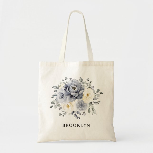 Silver Grey Ivory Floral Winter Rustic Wedding Tote Bag (Front)