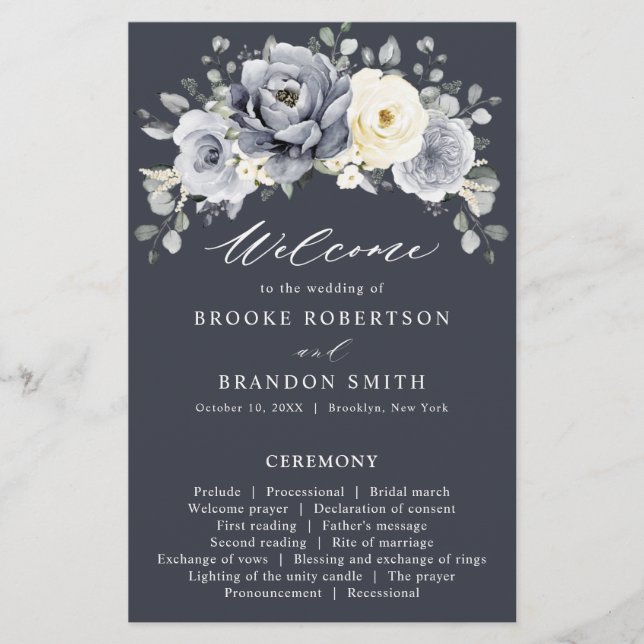 Silver Grey Ivory Floral Winter Wedding Program (Front)
