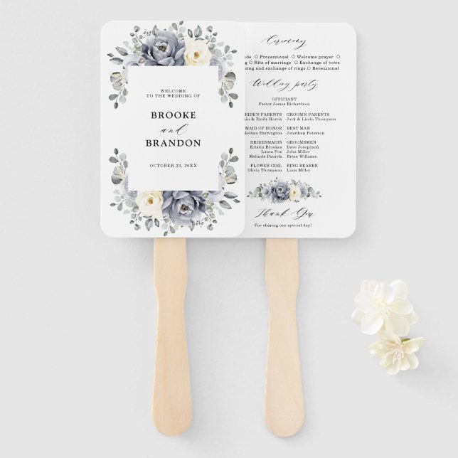 Silver Grey Ivory Floral Winter Wedding Program Hand Fan (Front and Back)