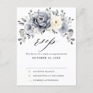 Silver Grey Ivory Floral Winter  Wedding RSVP Postcard