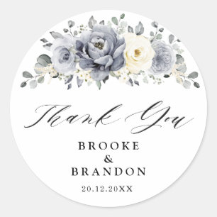 Silver Grey Ivory Floral Winter Wedding Thank you Classic Round Sticker