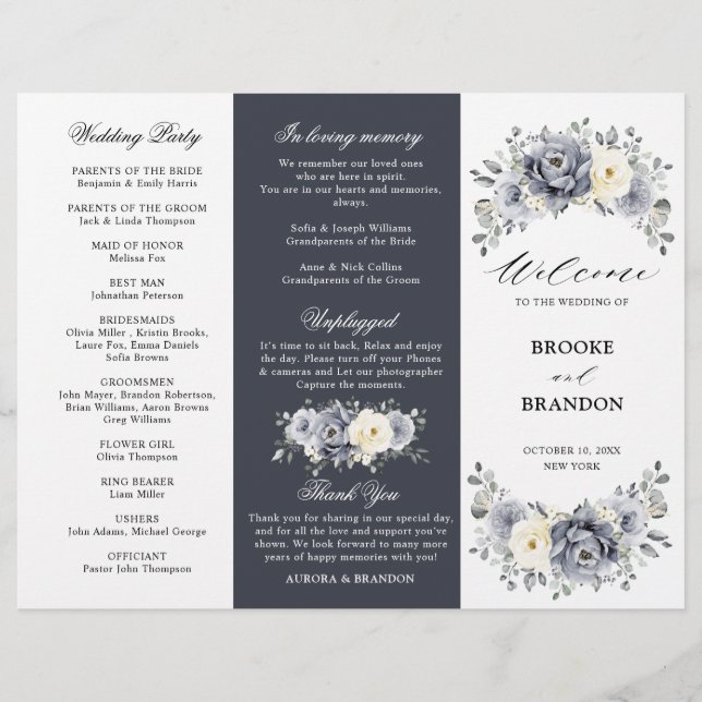 Silver Grey Ivory Winter Wedding Tri-Fold Program  (Front)