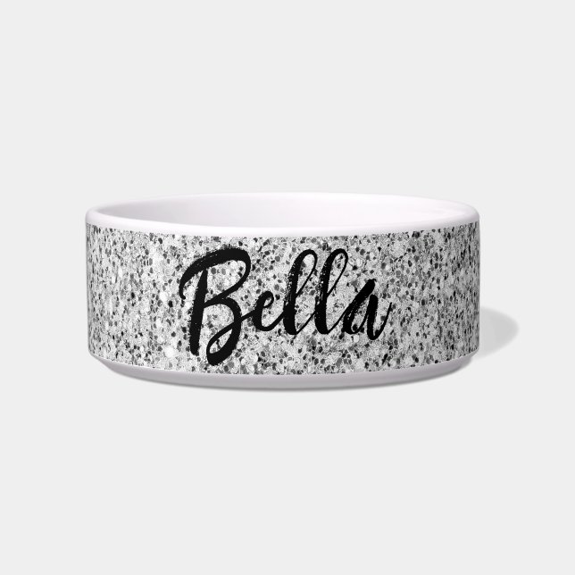 Silver grey light glitter sparkles Custom name Bowl (Front)