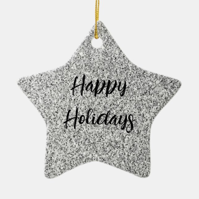 Silver grey light glitter sparkles Custom name Ceramic Tree Decoration (Front)