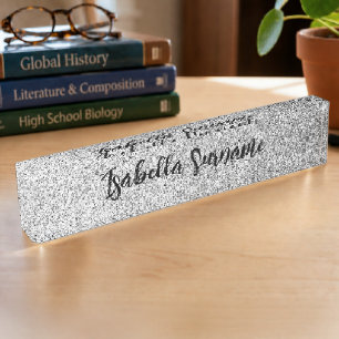 Silver grey light glitter sparkles Custom name Nameplate