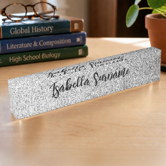 Silver grey light glitter sparkles Custom name Nameplate