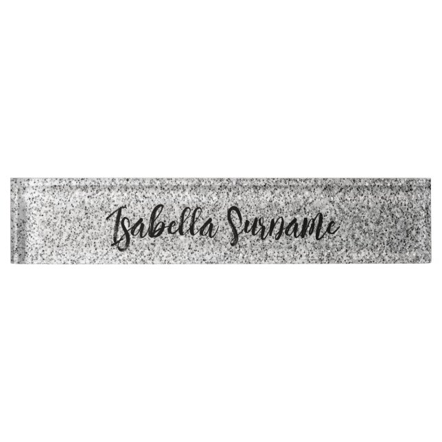 Silver grey light glitter sparkles Custom name Nameplate (Front)