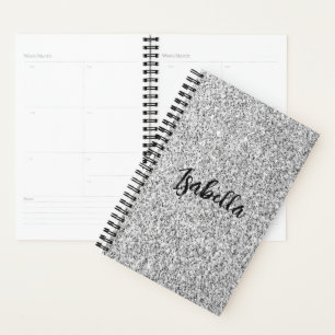 Silver grey light glitter sparkles Custom name Planner
