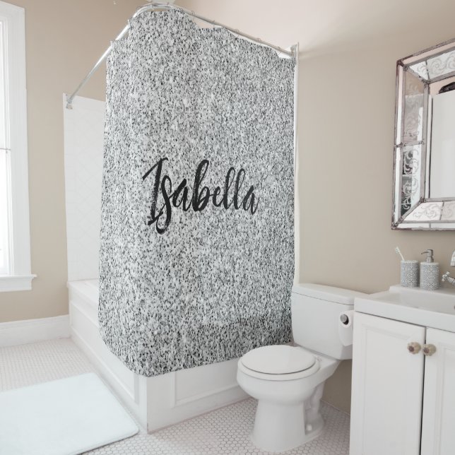 Silver grey light glitter sparkles Custom name Shower Curtain (In Situ)