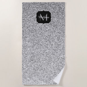 Silver grey light glitter sparkles Monogram Beach Towel