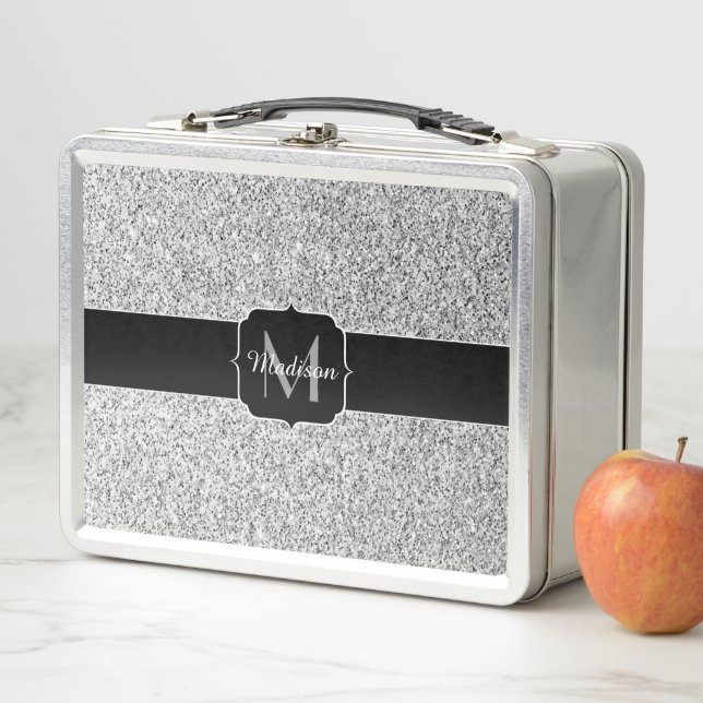 Silver grey light glitter sparkles Monogram Metal Lunch Box (In Situ)