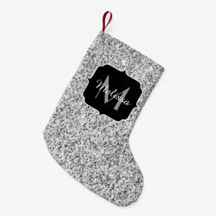 Silver grey light glitter sparkles Monogram Small Christmas Stocking