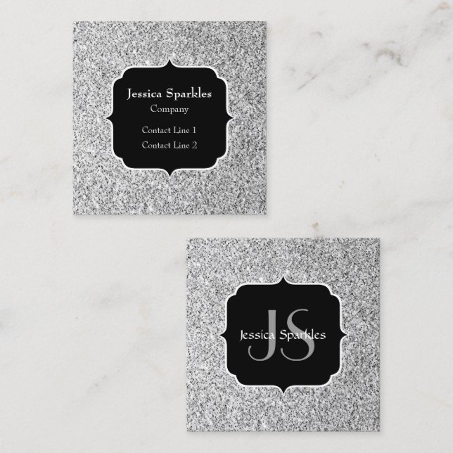 Silver grey light glitter sparkles Monogram Square Business Card (Front/Back)