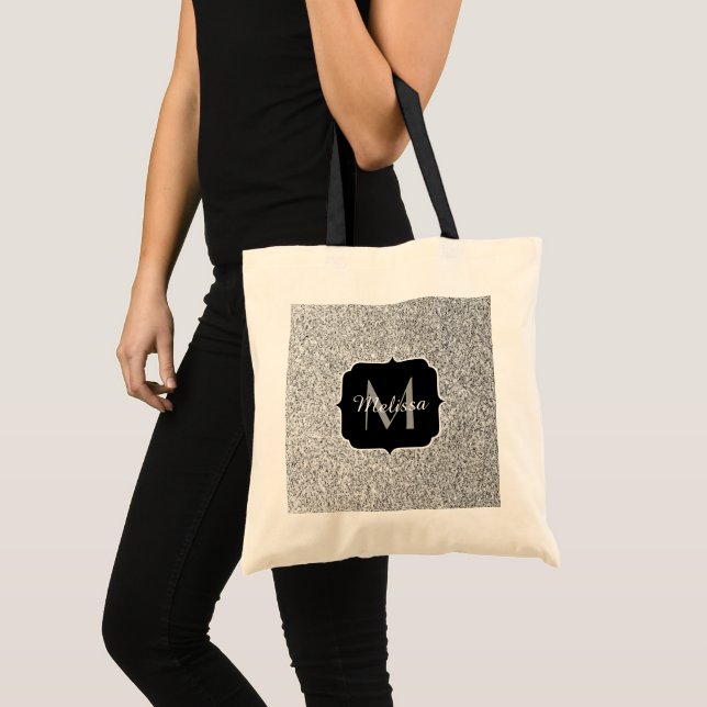 Silver grey light glitter sparkles Monogram Tote Bag (Front (Product))
