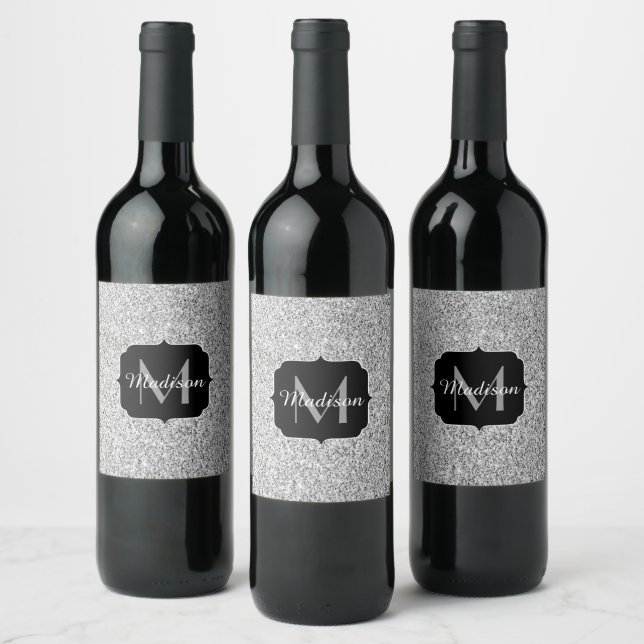 Silver grey light glitter sparkles Monogram Wine Label (Bottles)