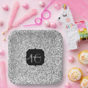 Silver grey light glitter sparkles Sweet 16 Paper Plate