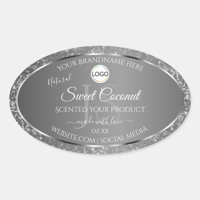 Silver Grey Logo Initials Glitter Product Labels (Front)