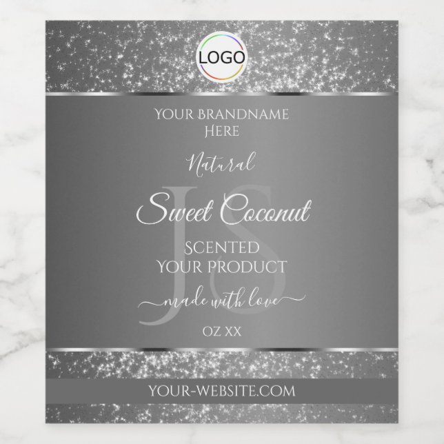 Silver Grey Logo Initials Glitter Product Labels (Single Label)