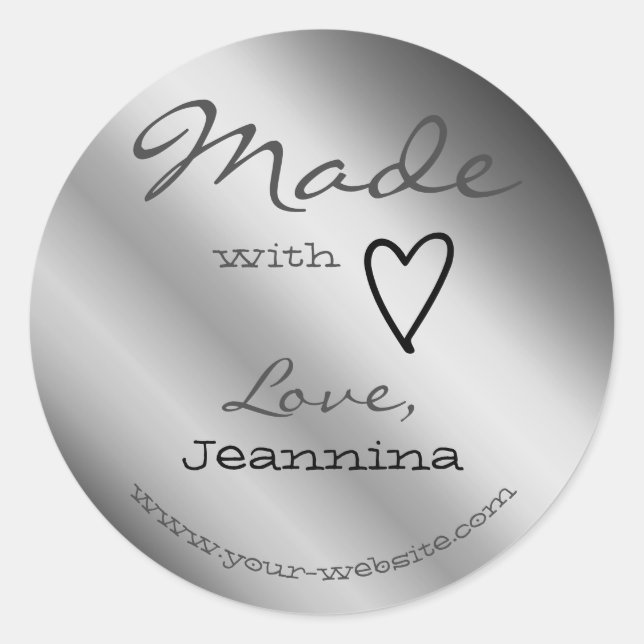 Silver Grey Made with Love Cute Heart Symbol Name Classic Round Sticker (Front)