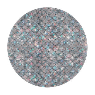 Silver Grey Mermaid Fish Scales Holographic Glass Cutting Board