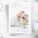 Silver Grey Merry Christmas Script Minimal Photo Holiday Card<br><div class="desc">Elegant and romantic swirly calligraphy lettering with a photo and a seamless pattern on the back. For more advanced customisation of this design,  please click the BLUE DESIGN TOOL BUTTON above!</div>