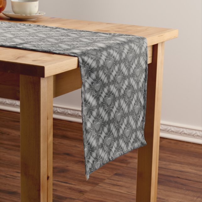 Silver Grey Metal Flowers with Gems Pattern Short Table Runner (In Situ)