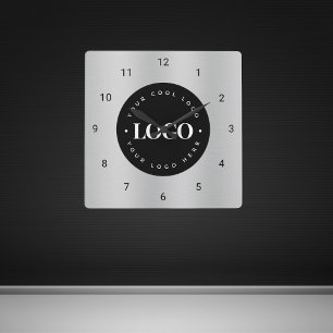 Silver Grey Metallic Custom Logo Company Office Square Wall Clock