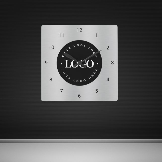 Silver Grey Metallic Custom Logo Company Office Square Wall Clock (Creator Uploaded)