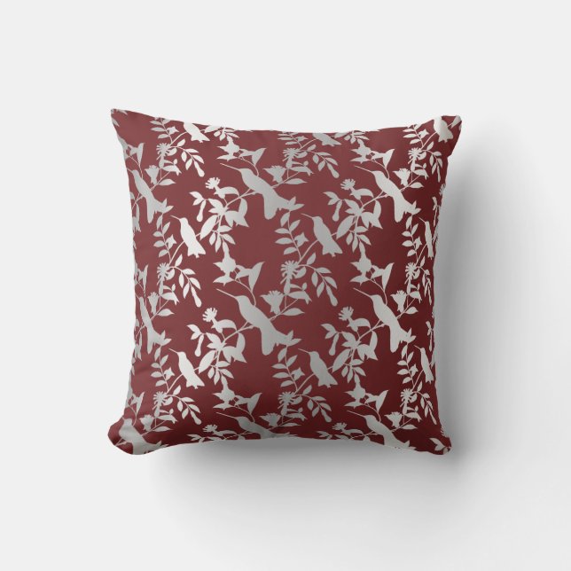 Silver Grey Metallic Floral Humming-birds Burgundy Cushion (Front)