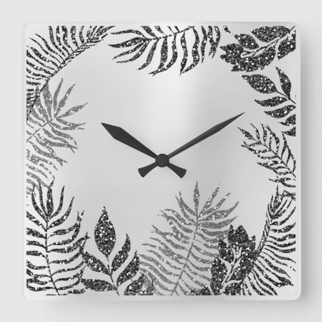 Silver Grey Minimal Black Glitter Metallic Botanic Square Wall Clock (Front)