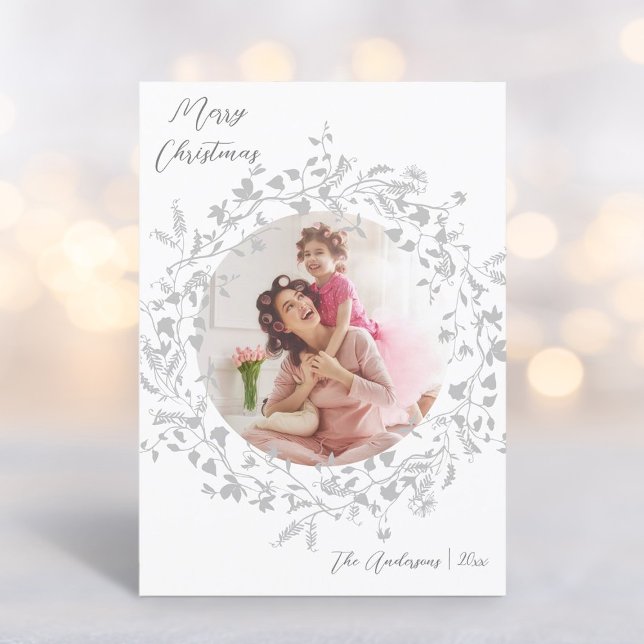 Silver Grey Modern Boho Wildflower Photo Christmas Holiday Card (Creator Uploaded)