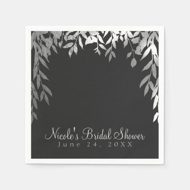 Silver & Grey Modern Glam Botanical Leaves Wedding Napkin (Front)