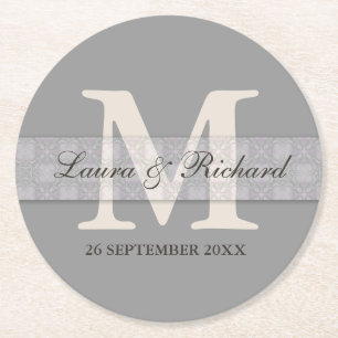 Silver Grey Monogram Bride Groom Names Round Paper Coaster
