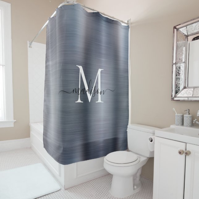 Silver Grey Monogram Girly Script Glam Steel Metal Shower Curtain (In Situ)